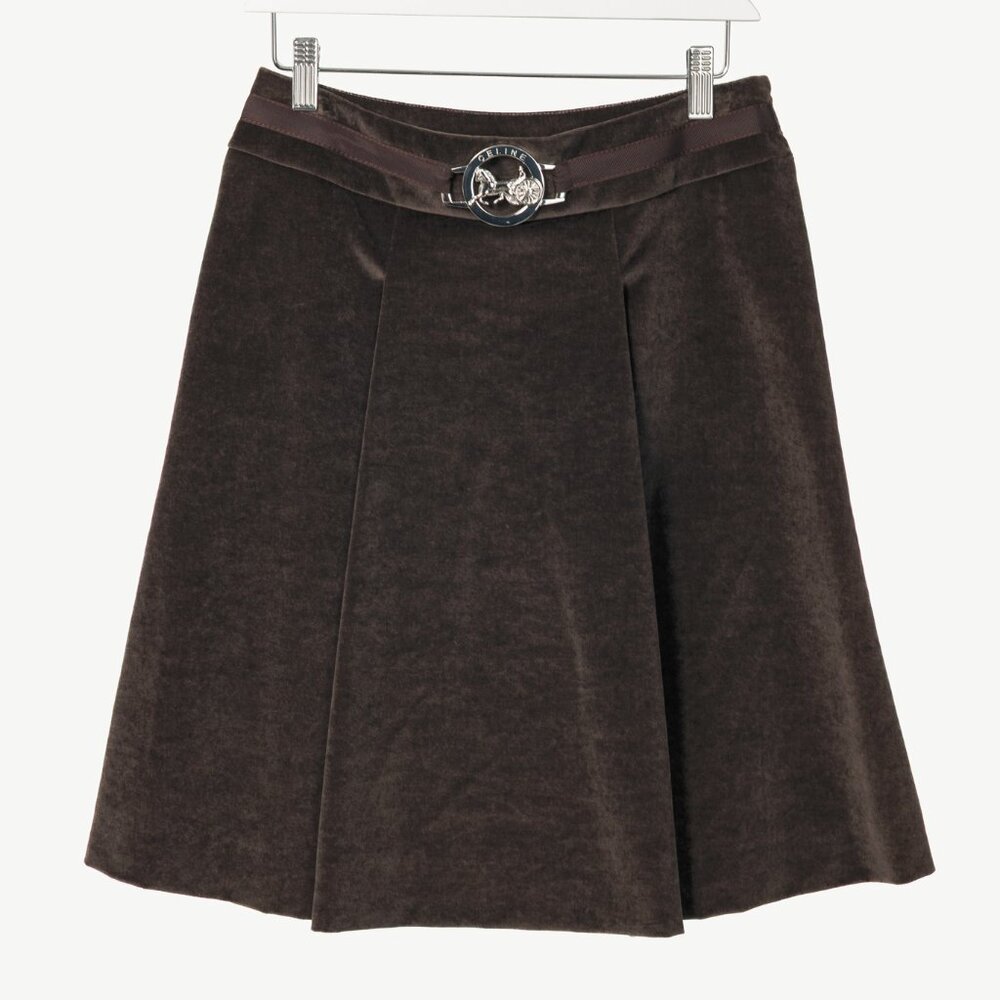 Celine Brown Velvet Buckled Pleated Mini Skirt